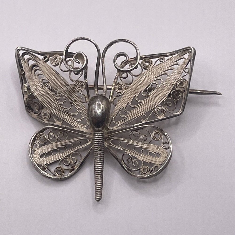 Antique? Art Nouveau 830 Silver Butterfly Brooch Pin Filigree Signed LG AL5.6 - Picture 1 of 8